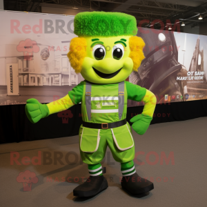 Lime Green Irish Dancer mascot costume character dressed with a Cargo Shorts and Messenger bags
