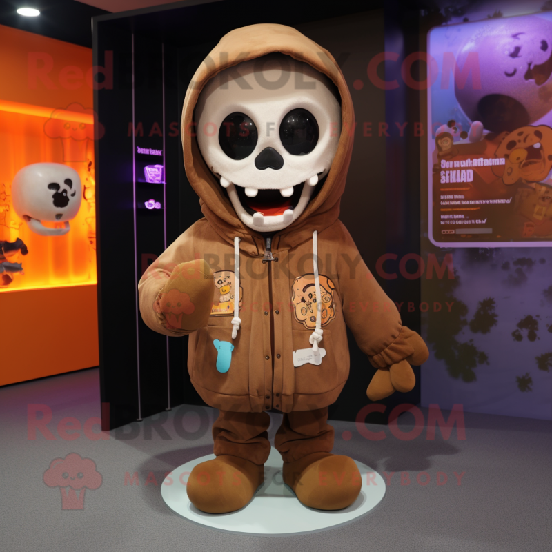 Brown Skull mascot costume character dressed with a Raincoat and Mittens