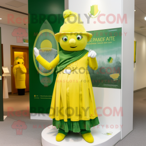 Lemon Yellow Irish Flag mascot costume character dressed with a Empire Waist Dress and Watches