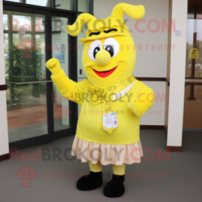 Lemon Yellow Beef Stroganoff mascot costume character dressed with a Pencil Skirt and Scarf clips