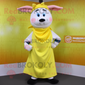 Lemon Yellow Beef Stroganoff mascot costume character dressed with a Pencil Skirt and Scarf clips