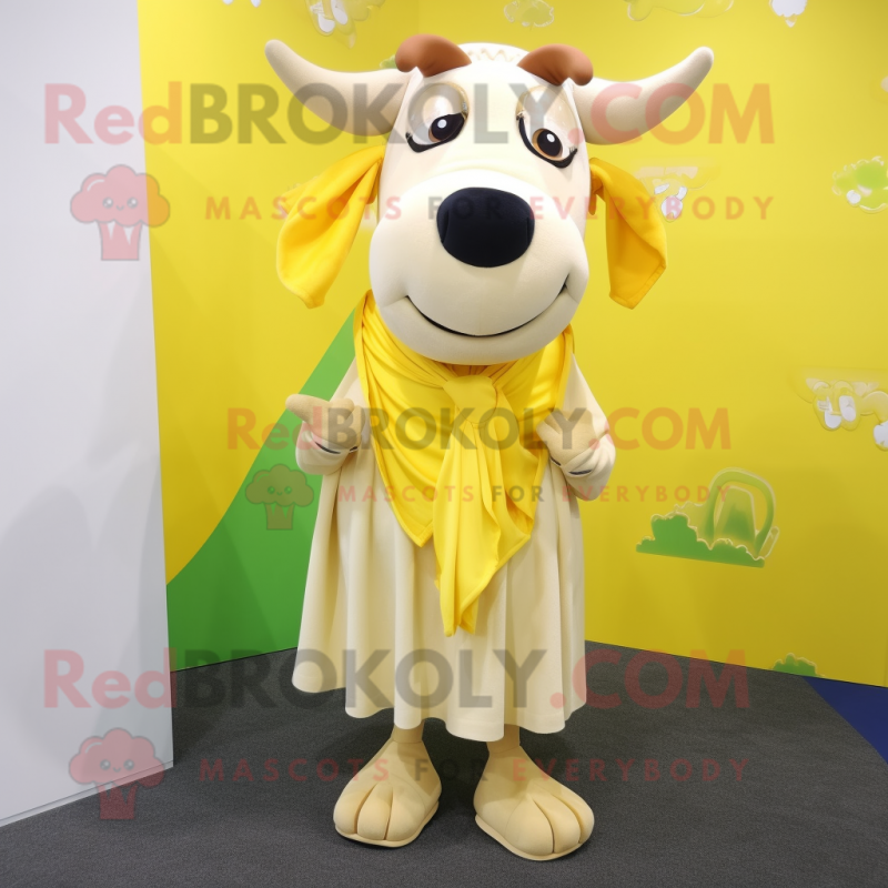 Lemon Yellow Beef Stroganoff mascot costume character dressed with a Pencil Skirt and Scarf clips