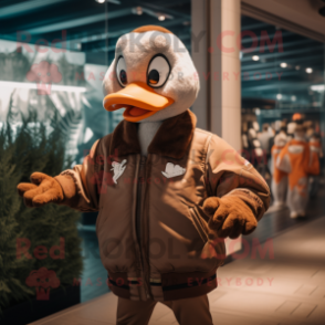 Brown Swans mascot costume character dressed with a Bomber Jacket and Gloves