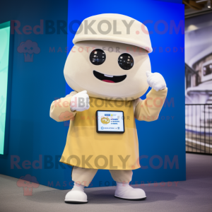 Cream Miso Soup mascot costume character dressed with a Chinos and Digital watches