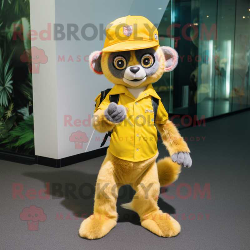 Gold Lemur mascot costume character dressed with a Flare Jeans and Caps