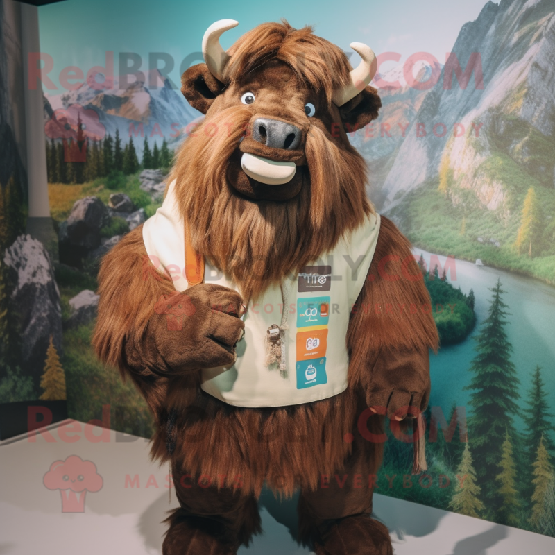 Brown Yak mascot costume character dressed with a Shift Dress and Suspenders