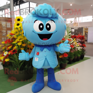 Sky Blue Bouquet Of Flowers mascot costume character dressed with a Jacket and Clutch bags