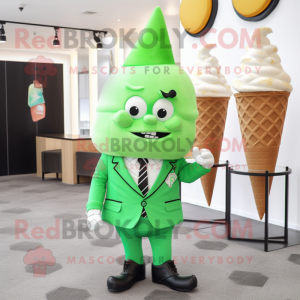 Green Ice Cream Cone mascot costume character dressed with a Blazer and Earrings