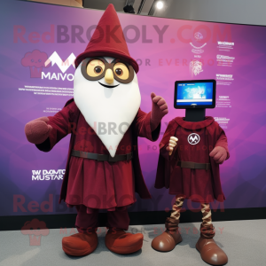 Maroon Wizard mascot costume character dressed with a Mini Dress and Smartwatches