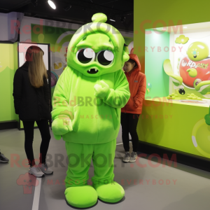 Lime Green Candy Box mascot costume character dressed with a Hoodie and Hair clips