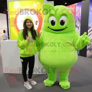 Lime Green Candy Box mascot costume character dressed with a Hoodie and Hair clips