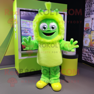 Lime Green Candy Box mascot costume character dressed with a Hoodie and Hair clips