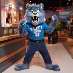 Blue Werewolf mascot costume character dressed with a Sweatshirt and Suspenders