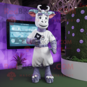 Lavender Zebu mascot costume character dressed with a Jumpsuit and Digital watches