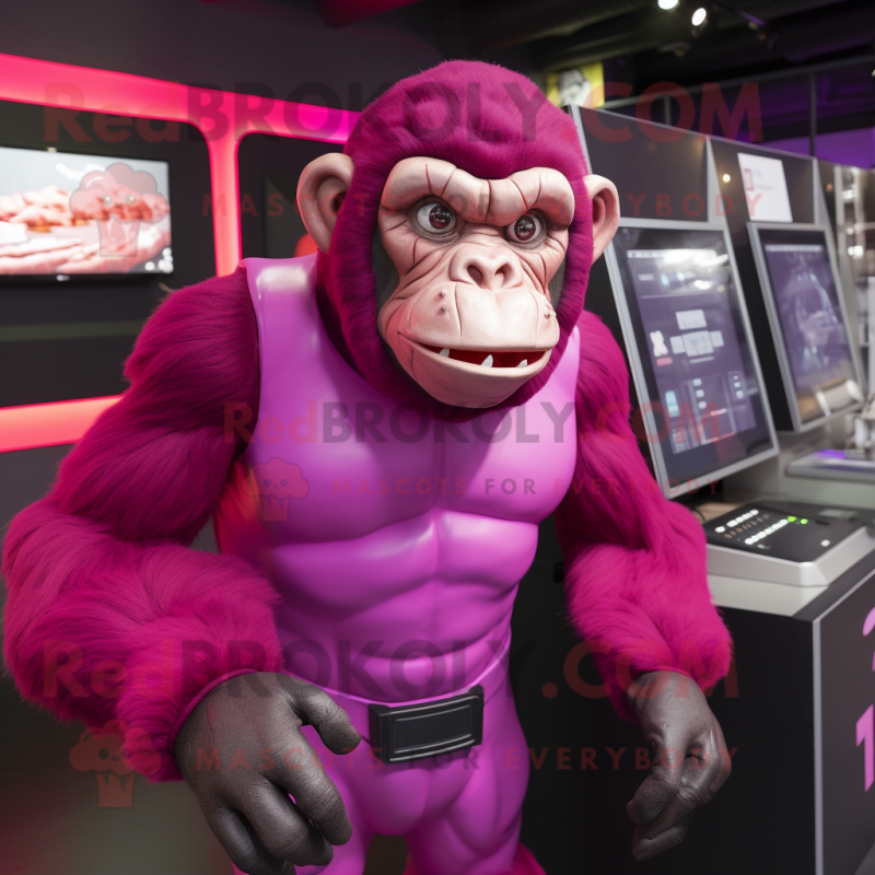 Magenta Chimpanzee mascot costume character dressed with a Tank Top and Cufflinks