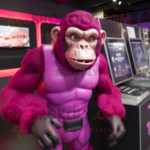 Magenta Chimpanzee mascot costume character dressed with a Tank Top and Cufflinks