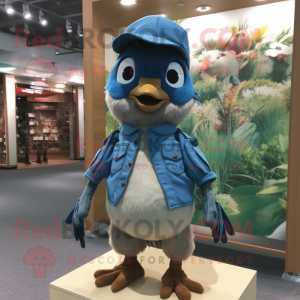 Brown Blue Jay mascot costume character dressed with a Denim Shorts and Cummerbunds