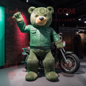 Green Teddy Bear mascot costume character dressed with a Moto Jacket and Foot pads