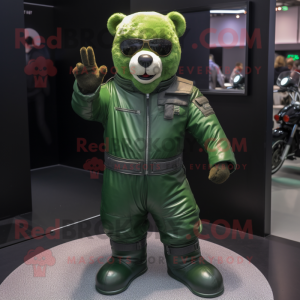 Green Teddy Bear mascot costume character dressed with a Moto Jacket and Foot pads