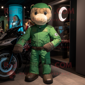Green Teddy Bear mascot costume character dressed with a Moto Jacket and Foot pads