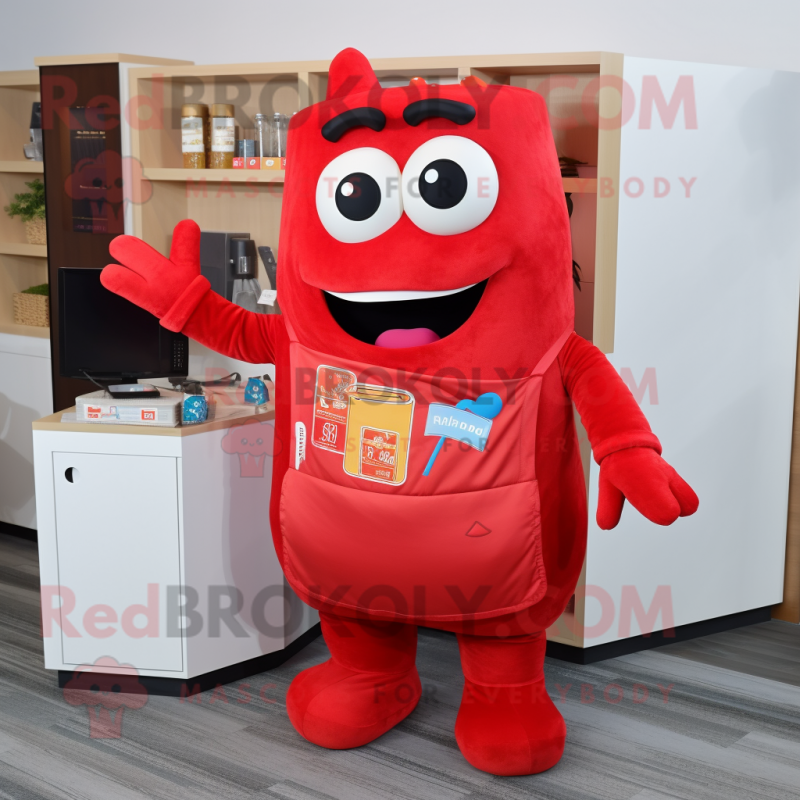 Red Lasagna mascot costume character dressed with a Overalls and Wallets