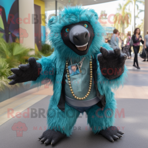 Teal Sloth Bear mascot costume character dressed with a Trousers and Necklaces