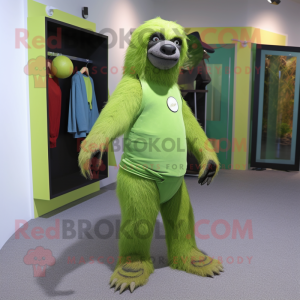 Lime Green Sloth Bear mascot costume character dressed with a Capri Pants and Rings