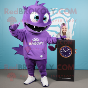 Purple Barracuda mascot costume character dressed with a Sweatshirt and Smartwatches