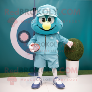 Teal Tennis Racket mascot costume character dressed with a Trousers and Berets