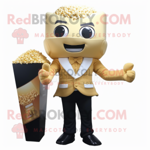 Gold Pop Corn mascot costume character dressed with a Suit Pants and Cummerbunds