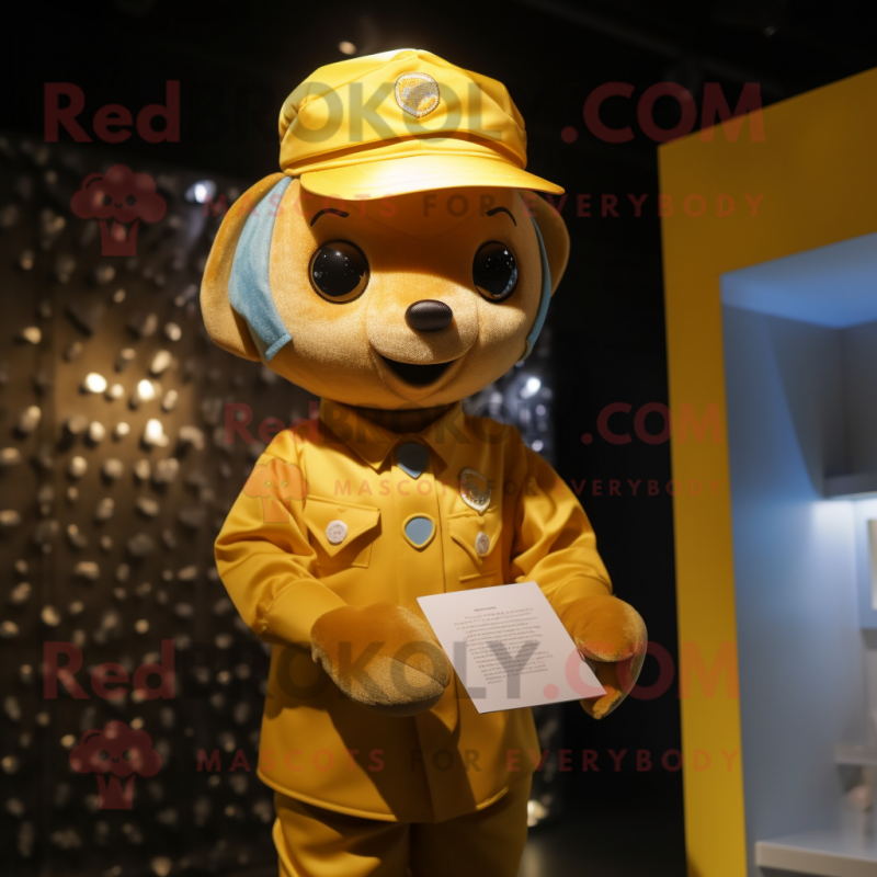 Gold Love Letter mascot costume character dressed with a Button-Up Shirt and Beanies