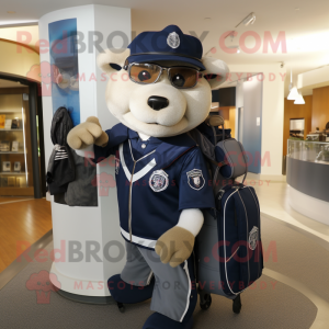 Navy Golf Bag mascot costume character dressed with a Moto Jacket and Backpacks
