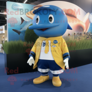 Gold Blue Whale mascot costume character dressed with a Rugby Shirt and Berets