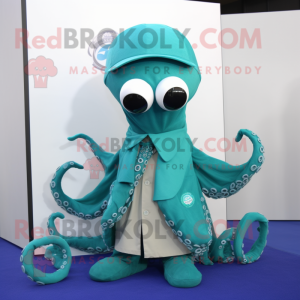 Teal Octopus mascot costume character dressed with a Poplin Shirt and Scarf clips