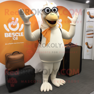 Beige Butter Chicken mascot costume character dressed with a Yoga Pants and Briefcases