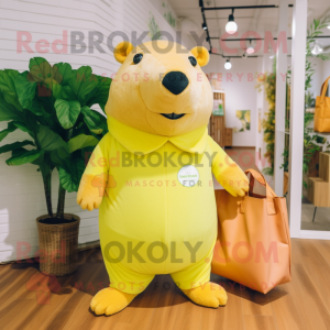 Lemon Yellow Capybara mascot costume character dressed with a Romper and Tote bags