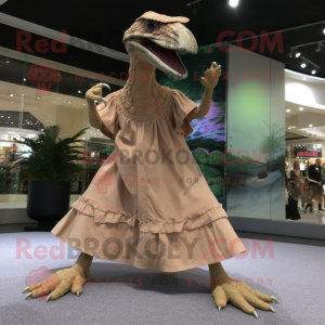 Beige Velociraptor mascot costume character dressed with a Maxi Dress and Shoe clips