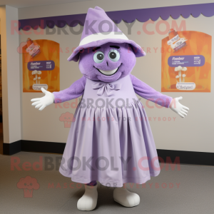 Lavender Beef Stroganoff mascot costume character dressed with a Pleated Skirt and Hat pins