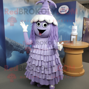 Lavender Beef Stroganoff mascot costume character dressed with a Pleated Skirt and Hat pins