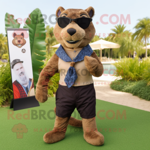 Olive Jaguarundi mascot costume character dressed with a Shorts and Pocket squares