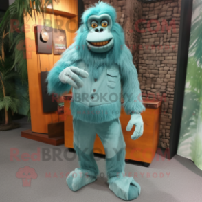 Cyan Orangutan mascot costume character dressed with a Corduroy Pants and Shoe clips