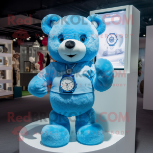 Blue Teddy Bear mascot costume character dressed with a Poplin Shirt and Digital watches