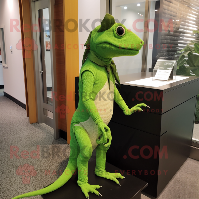 Green Geckos mascot costume character dressed with a Sheath Dress and Earrings