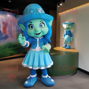 Sky Blue Leprechaun mascot costume character dressed with a Mini Skirt and Rings