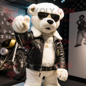 White Teddy Bear mascot costume character dressed with a Biker Jacket and Keychains