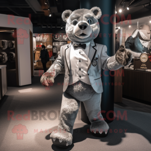 Silver Teddy Bear mascot costume character dressed with a Suit Jacket and Rings