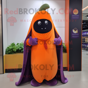 Orange Eggplant mascot costume character dressed with a Coat and Shawls