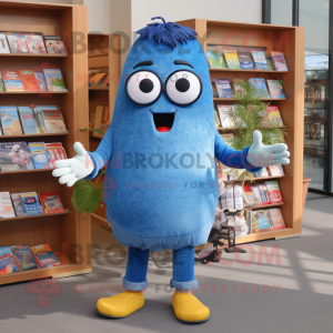 Blue Shakshuka mascot costume character dressed with a Denim Shorts and Reading glasses