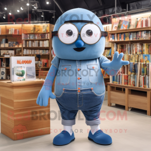 Blue Shakshuka mascot costume character dressed with a Denim Shorts and Reading glasses