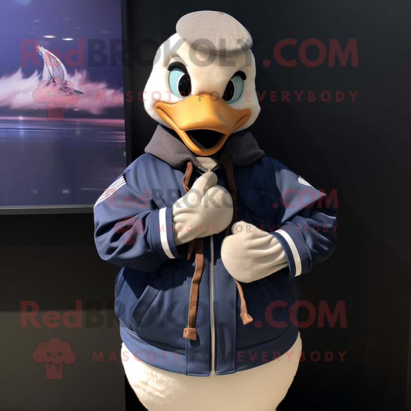 Navy Geese mascot costume character dressed with a Sweatshirt and Scarves